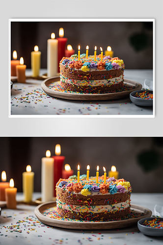 生日蛋糕多彩蜡烛高端餐厅美食摄影图片