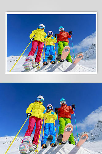 家庭冬季冰雪运动高山滑雪体育锻炼摄影图片