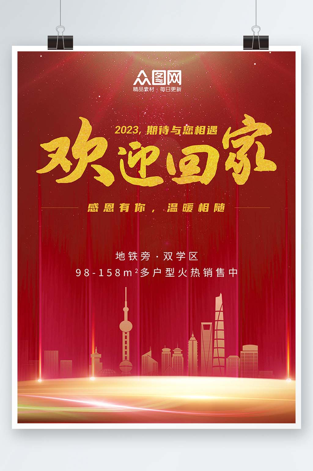 喜庆2023新年房地产欢迎回家海报素材