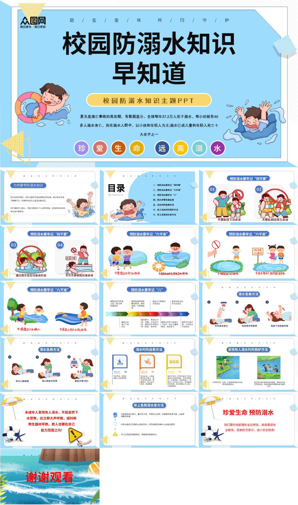 蓝色校园学生夏季防溺水安全教育PPT素材