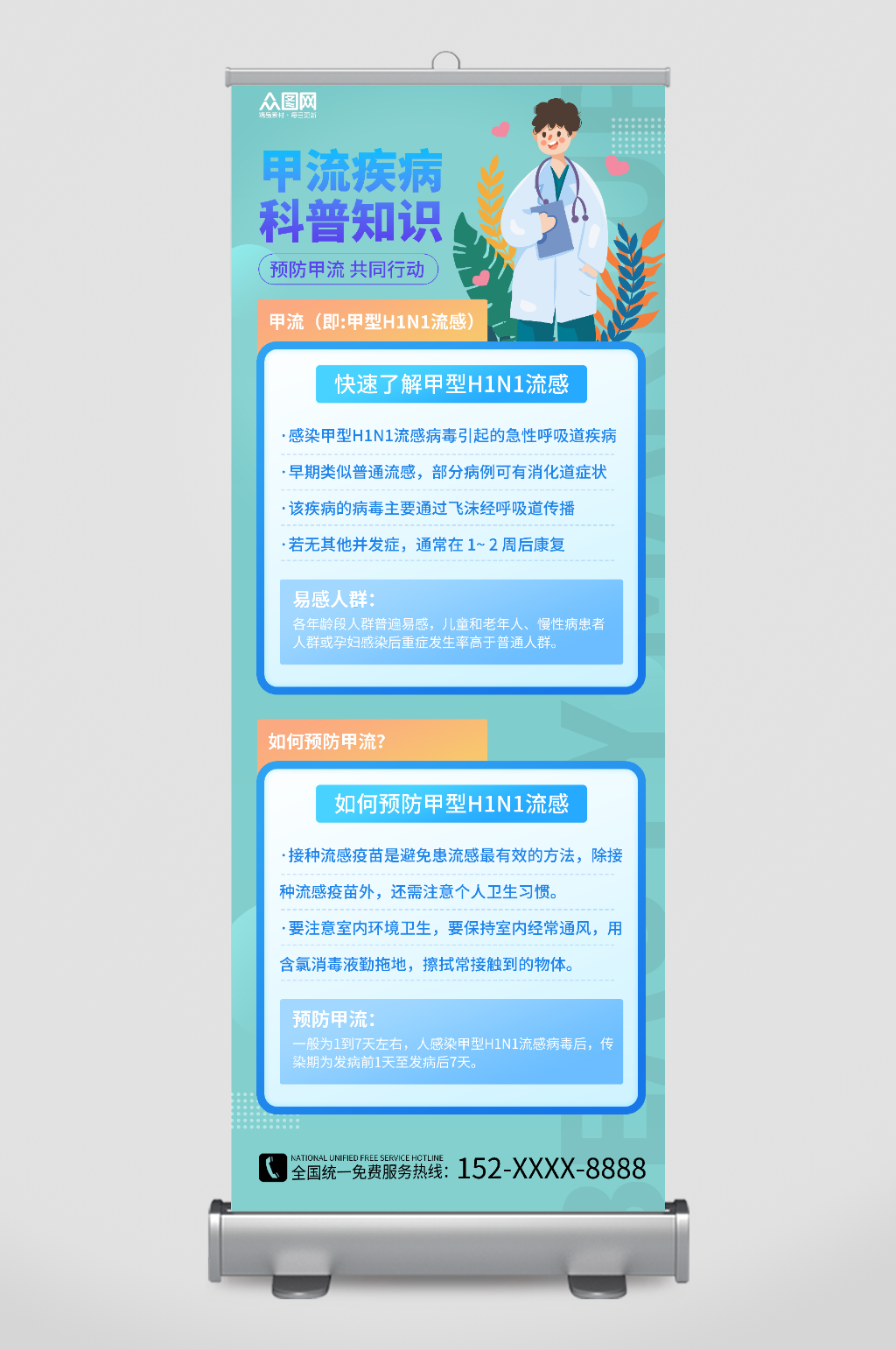 预防甲流乙流流感知识宣传展架易拉宝素材