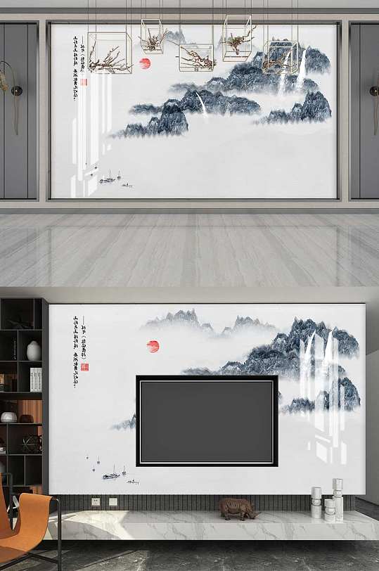 新中式禅意山水背景墙