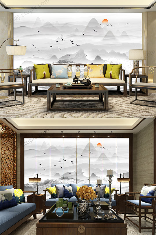 新中式水墨意境山水背景墙-众图网