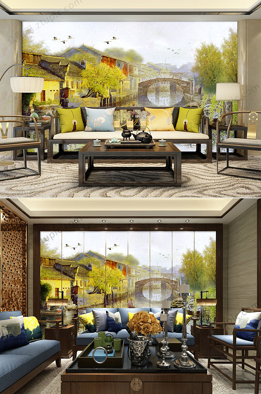 油画江南水乡背景墙-众图网