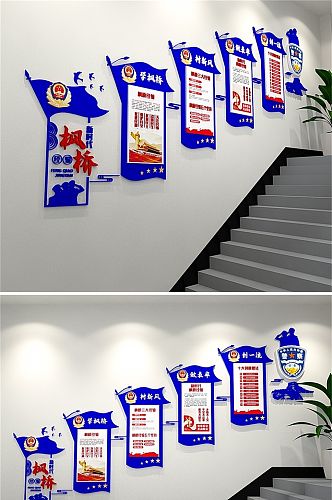 3D蓝色大气公安标语警营文化墙楼梯文化墙