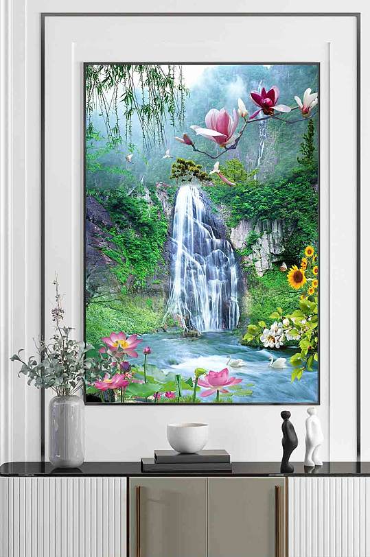 山水风景画玄关背景墙装饰画 大气山河图-众图网