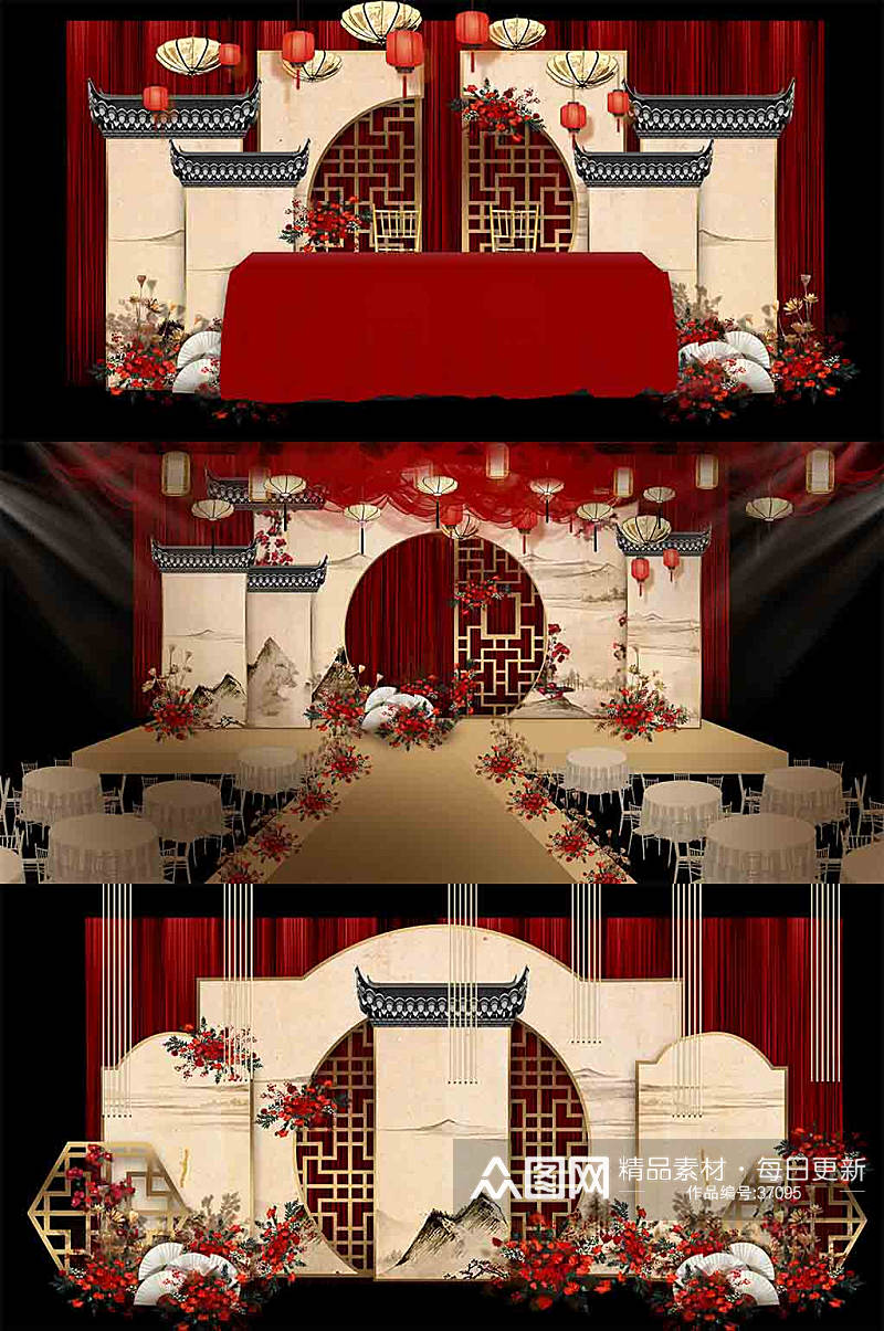 红色中式江南风水墨背景喜庆婚礼布置效果图素材
