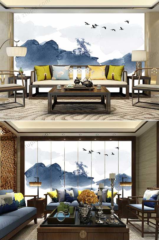 水墨山水新中式背景墙-众图网