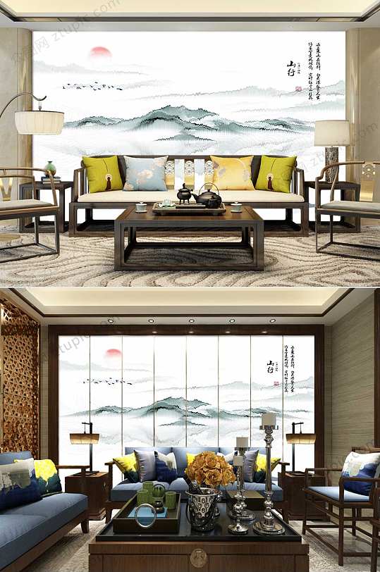 中式山水画背景墙-众图网