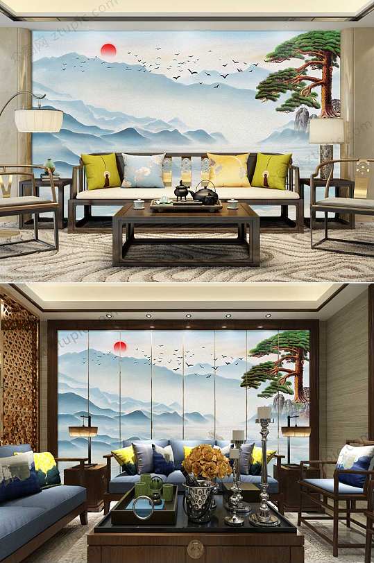 中式飞鸟山水画-众图网