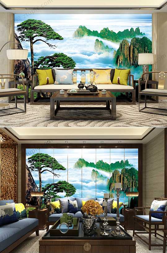 中式迎客松风景画-众图网