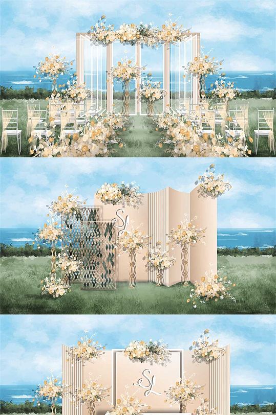 泰式香槟色手绘农村草坪室外户外婚礼布置效果图-众图网