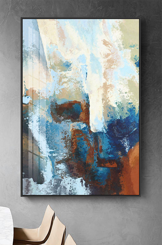 北欧抽象手绘蓝色水彩色块油画客厅装饰画