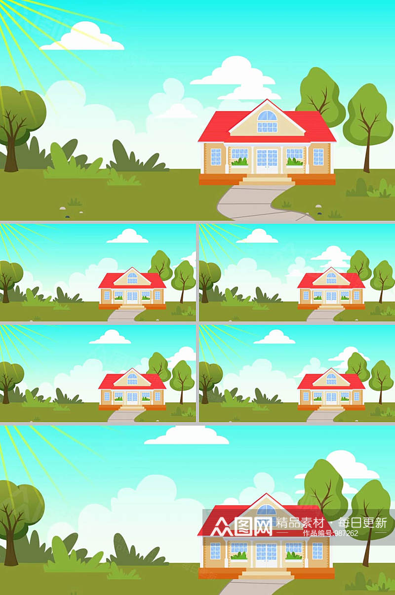 唯美阳光下房子卡通背景视频素材