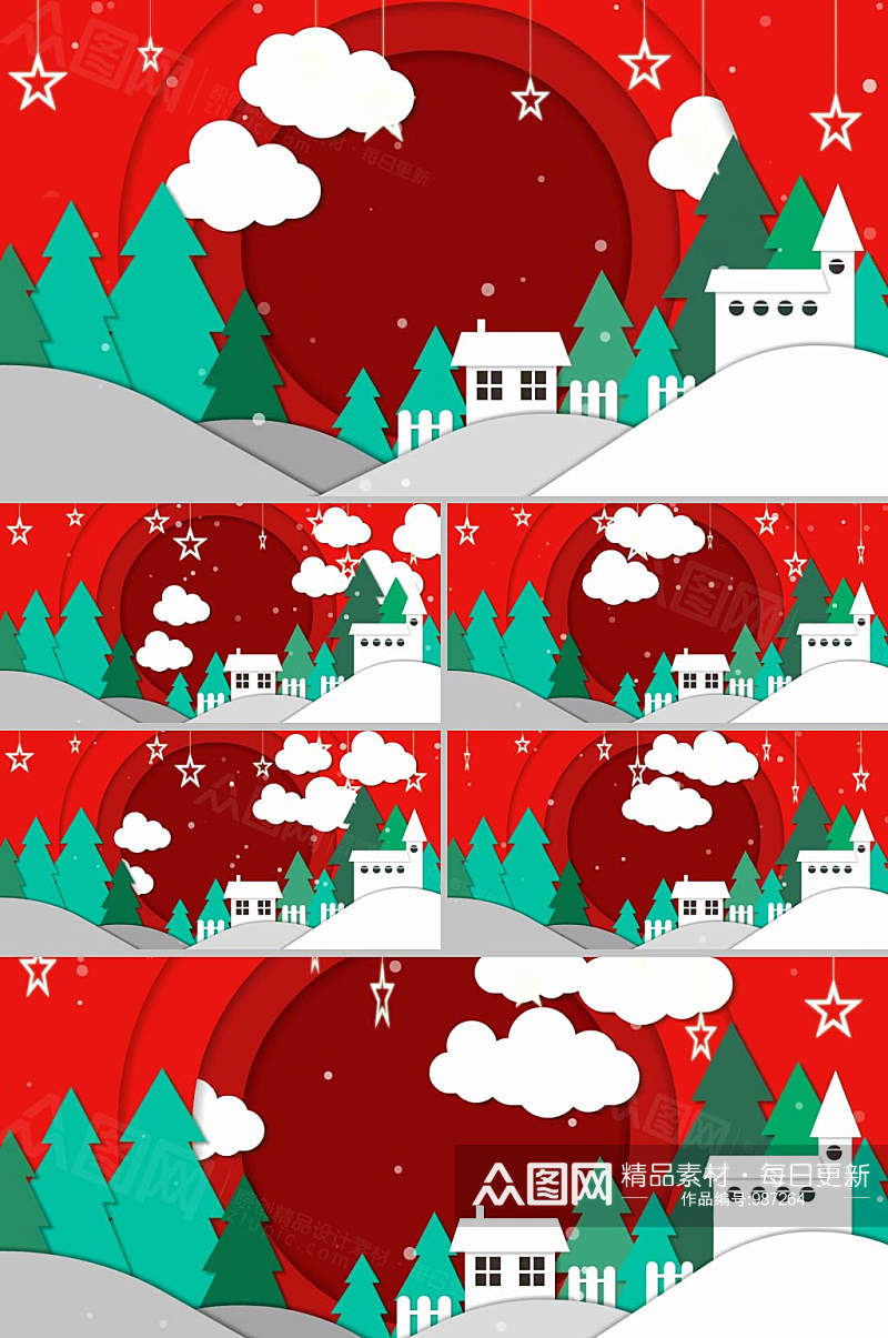 唯美圣诞节雪景剪纸动画背景视频素材