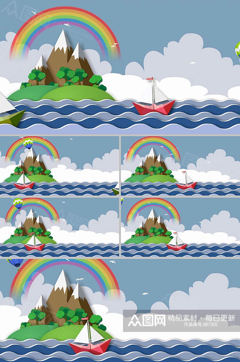 卡通动漫剪纸效果水中帆船背景视频素材