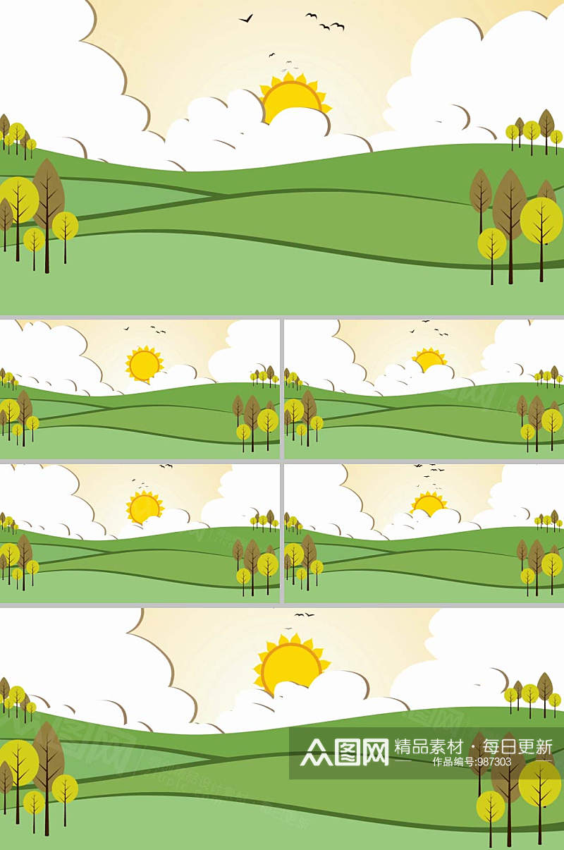 卡通动漫山脊树木阳光背景视频素材