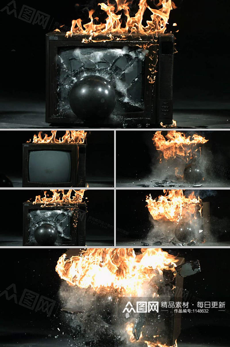 实拍燃烧的电视机被击碎视频素材