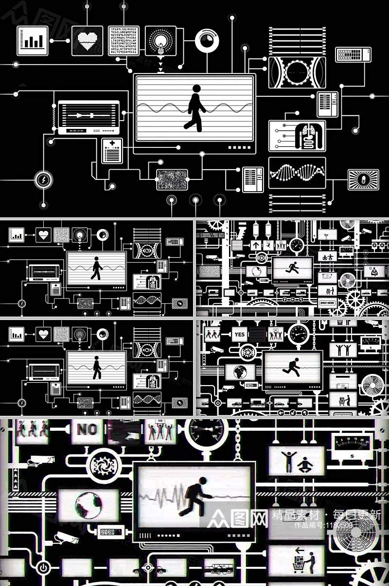 炫酷黑白色调数据小人行走背景视频素材