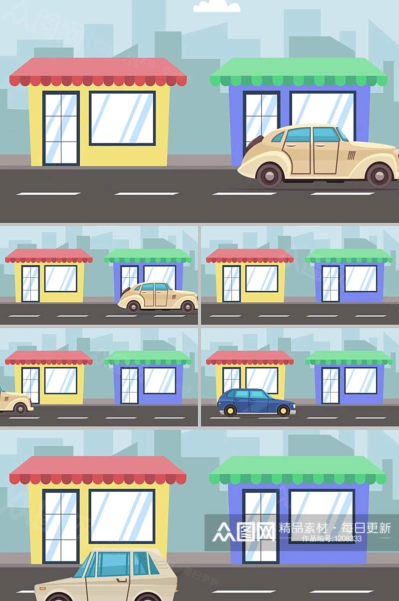卡通动画街道小汽车背景视频素材