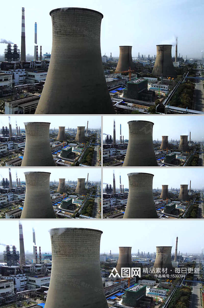 4K航拍化工厂石油炼油污染排放大烟囱素材