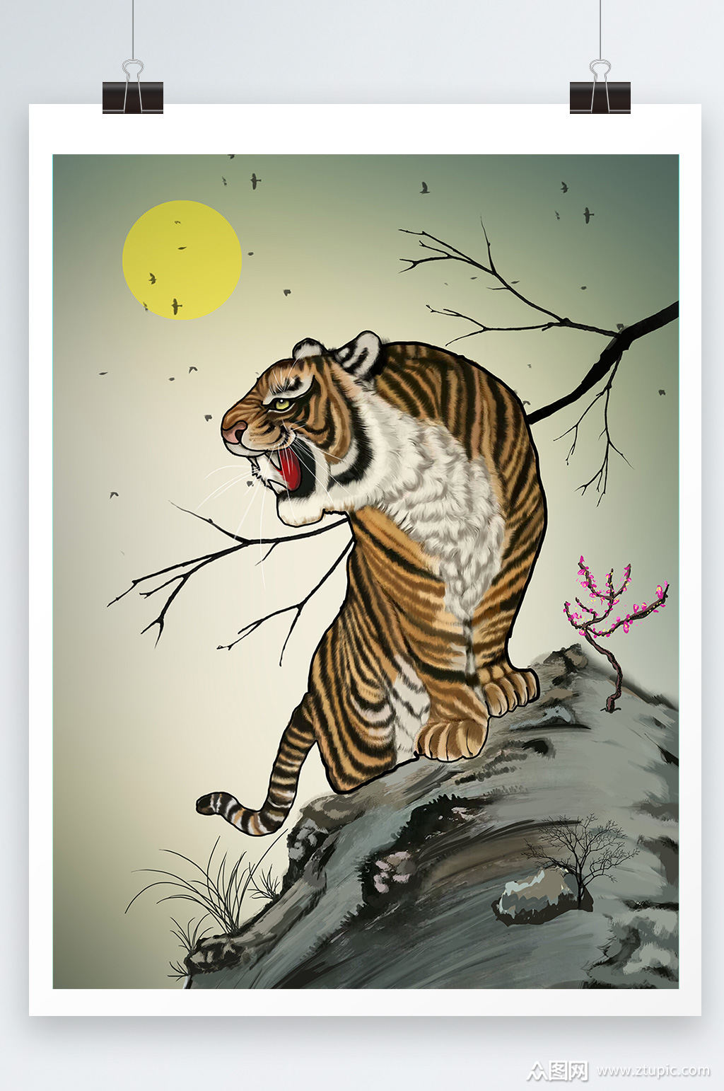 中国风格老虎在山上虎啸老虎插画