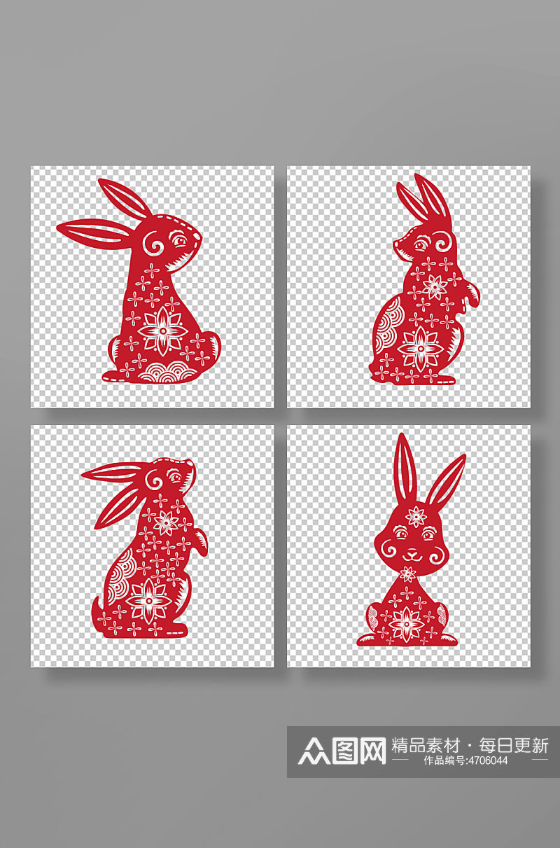 红色十二生肖卯兔中国风兔年兔子剪纸插画素材