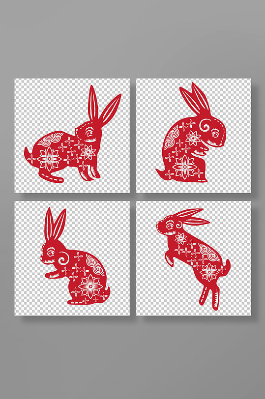 红色卯兔中国风兔年兔子剪纸插画