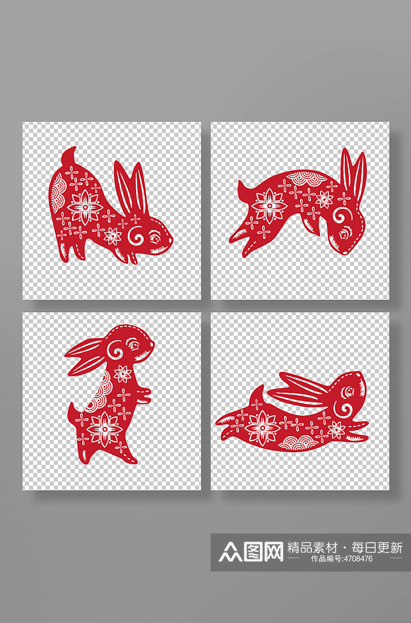 十二生肖红色卯兔中国风兔年兔子剪纸插画素材