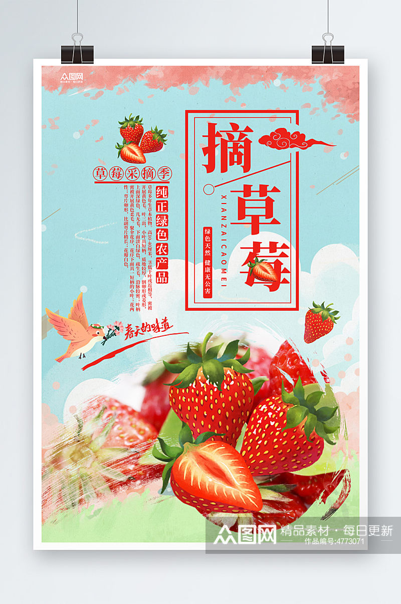 采摘新鲜草莓水果海报素材