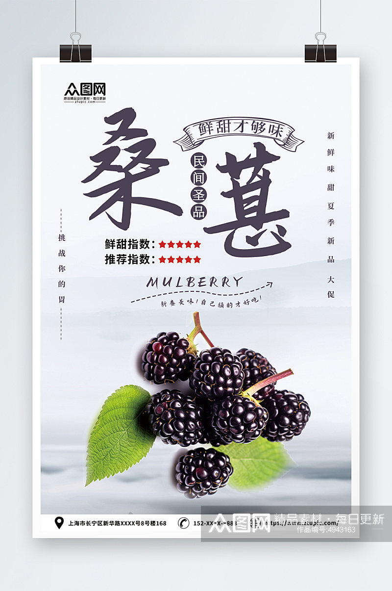 鲜甜桑葚果园水果采摘促销海报素材