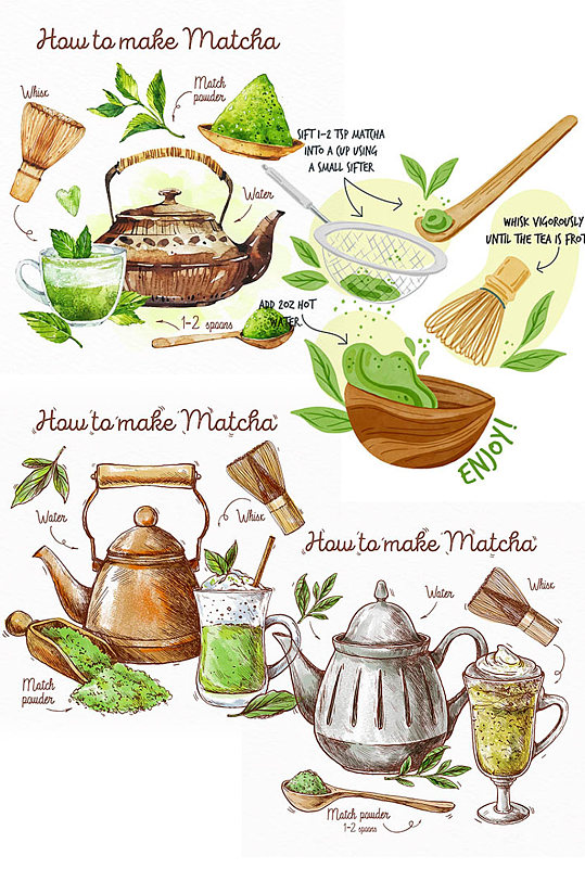手绘抹茶茶艺元素