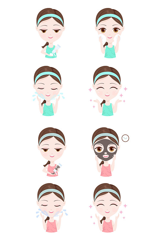 卡通洗护脸部步骤插画元素