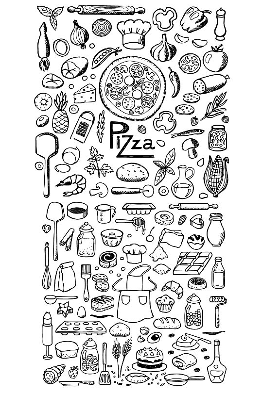 披萨面包西式餐点食材线描元素