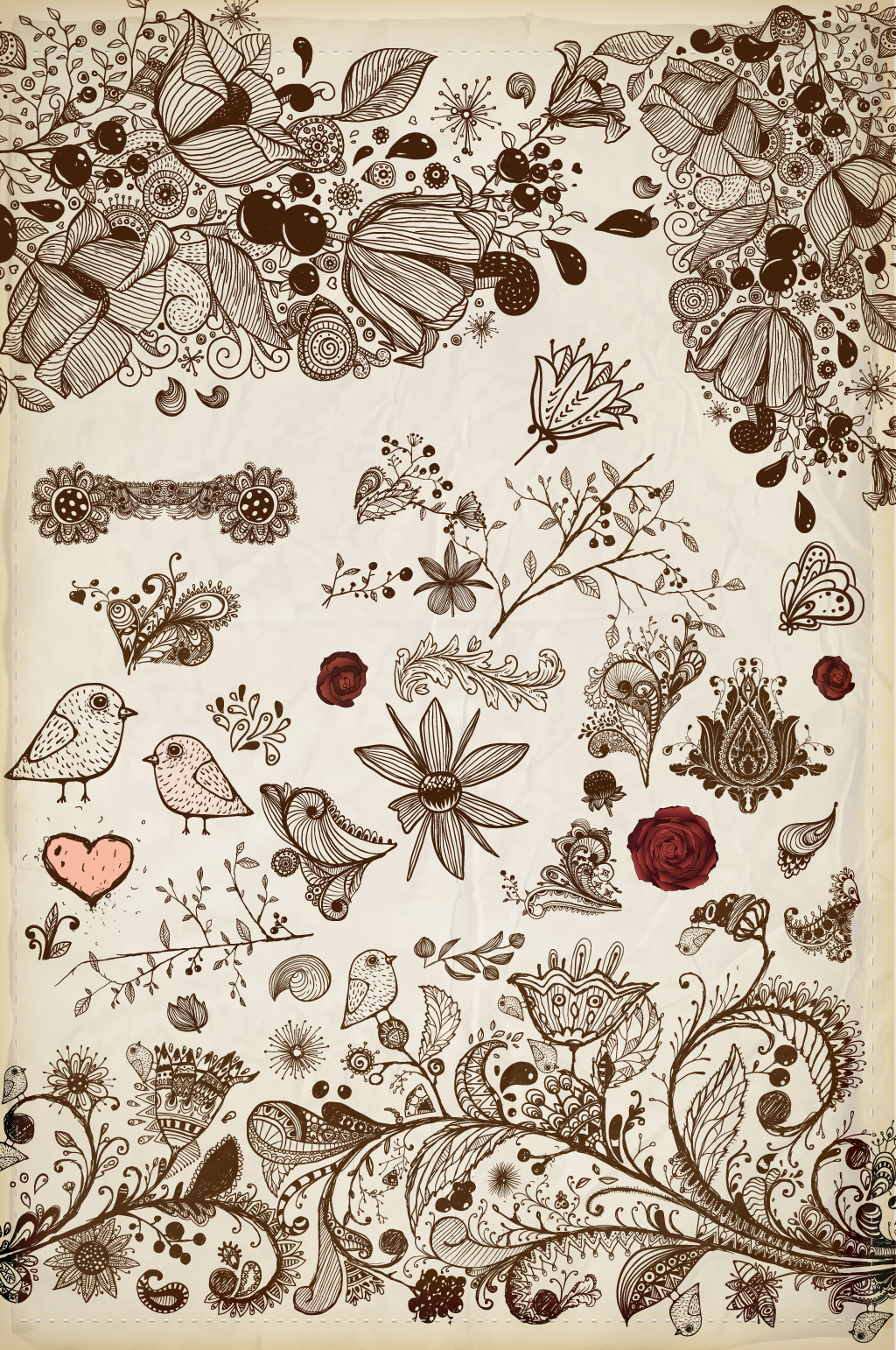 复古手绘花卉小鸟元素