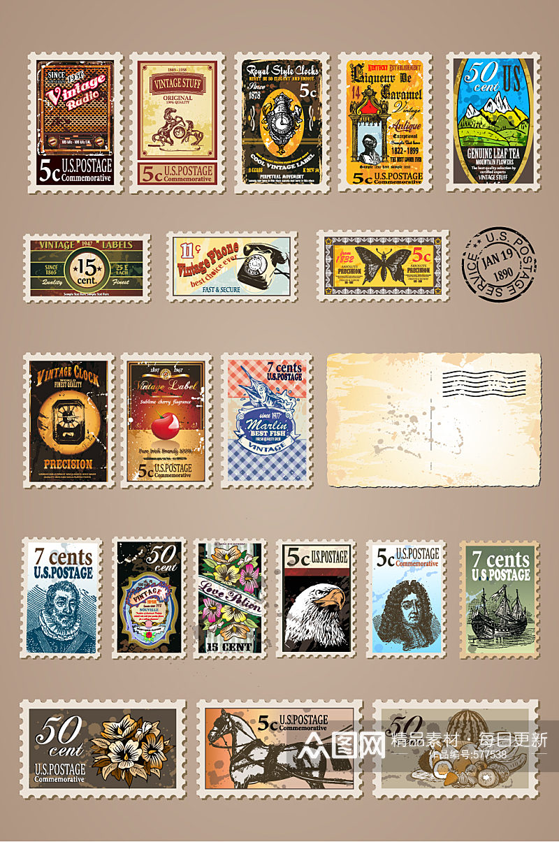 复古欧美邮票矢量元素素材