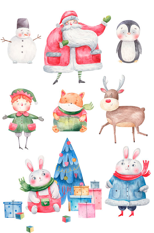 手绘水彩圣诞老人雪人兔子元素