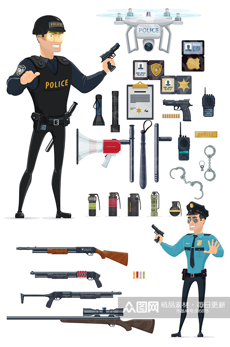公安警察特警人物与工具元素素材