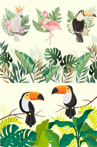 矢量手绘水彩热带雨林动物