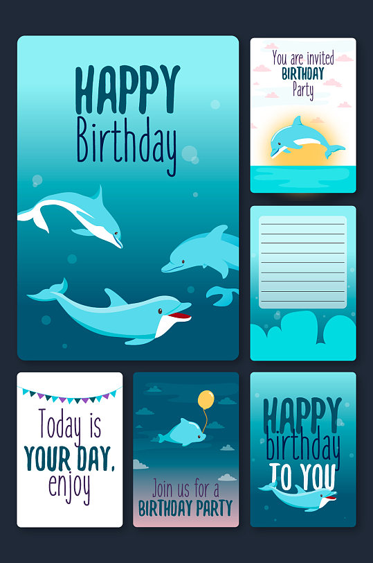 海洋海豚生日祝福矢量卡片