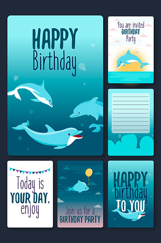 海洋海豚生日祝福矢量卡片
