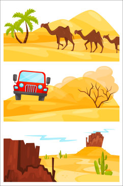 沙漠骆驼吉普矢量插画