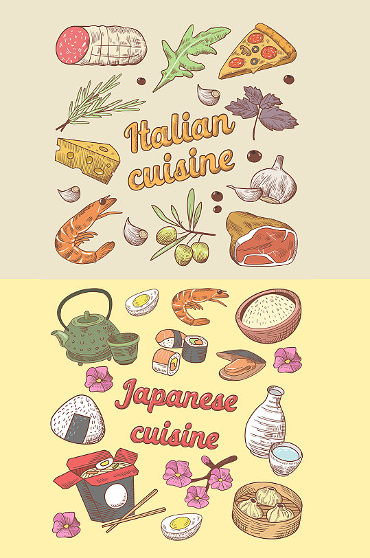 日式料理与快餐手绘插画