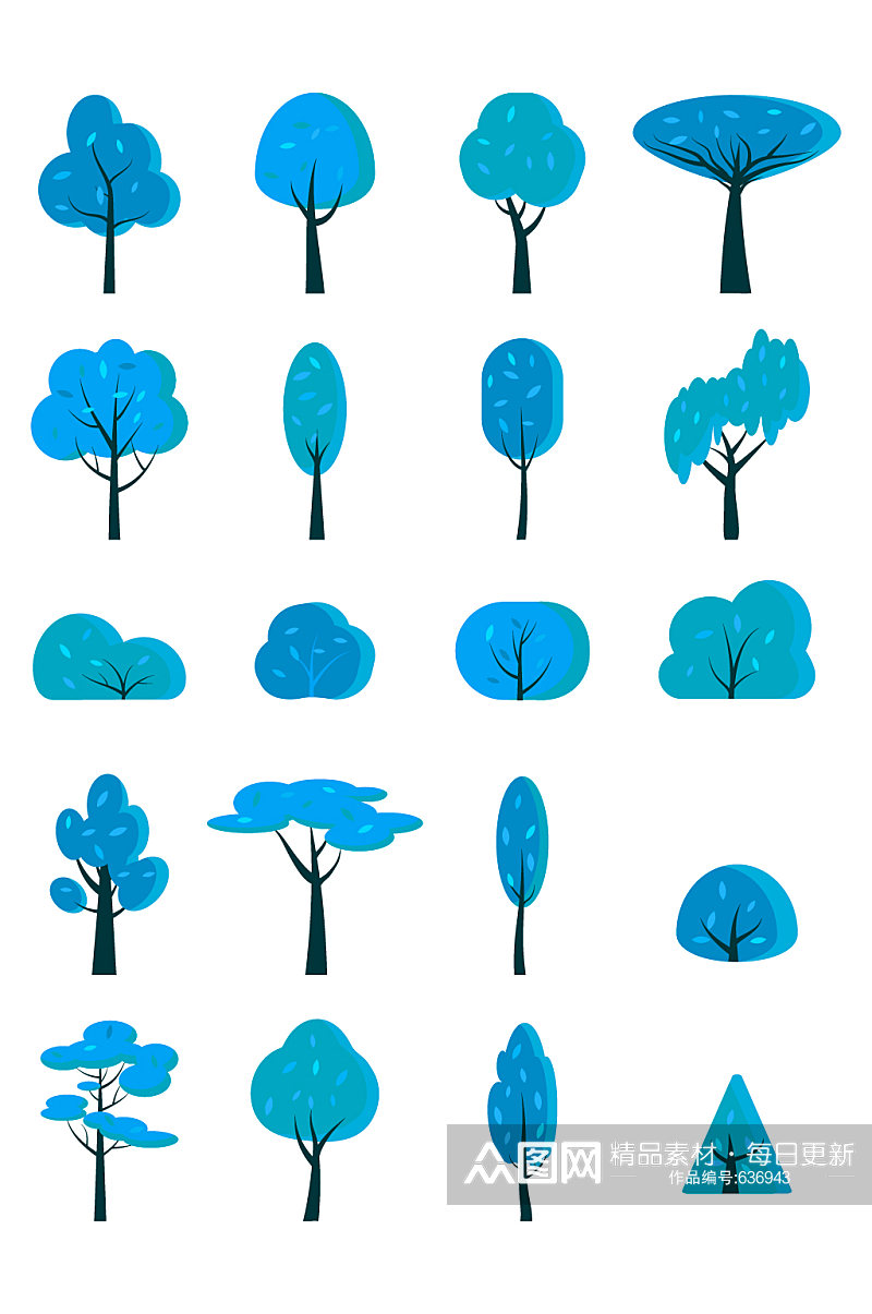 蓝色卡通树木矢量元素素材
