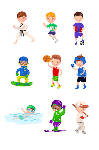 足球滑雪棒球游泳卡通儿童运动元素