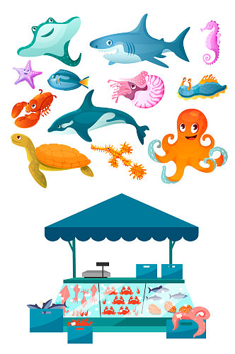 手绘海洋生物和海鲜店铺