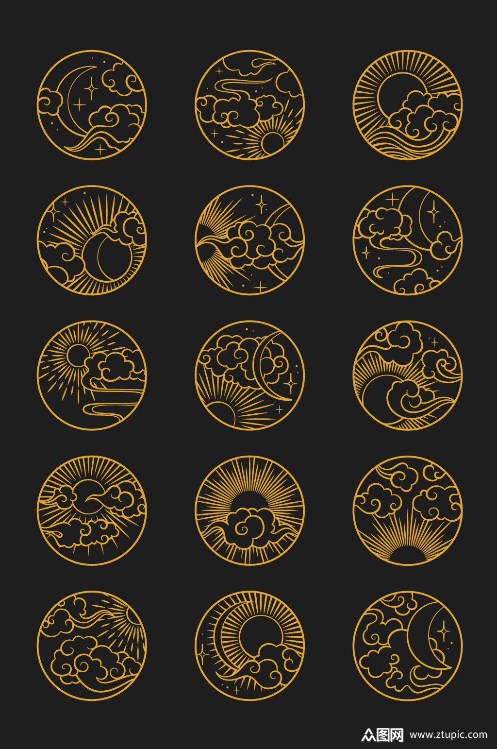 复古日月星辰祥云纹元素