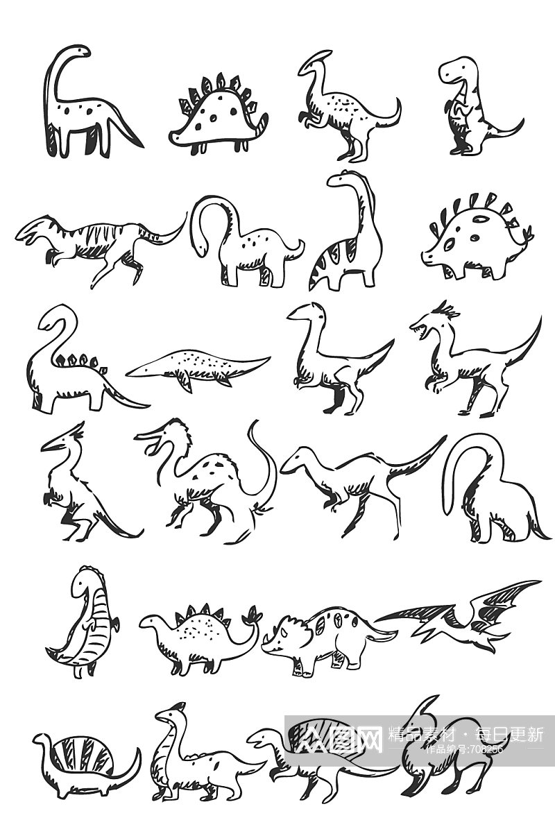 手绘素描卡通恐龙元素素材