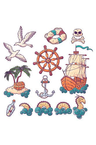 复古手绘航海海盗元素航海元素