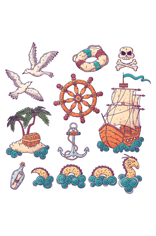 复古手绘航海海盗元素航海元素